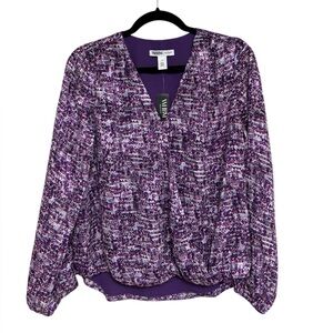 NWT WHBM Outlet Long Sleeve Burnout Surplice Blouse in Purple - Size 6